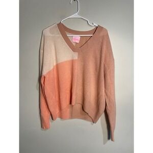 Crush Peach Colorblocked V-Neck Cashmere Sweater Size 2 Medium Quiet Luxury